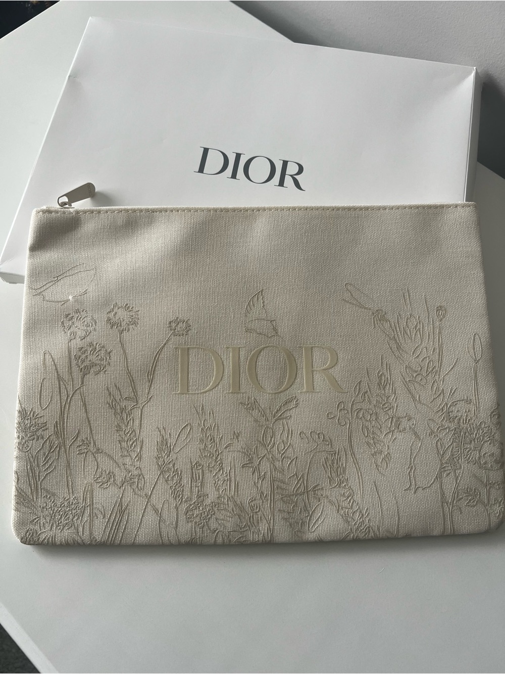 Dior Cream Embroidered Floral Canvas Pouch